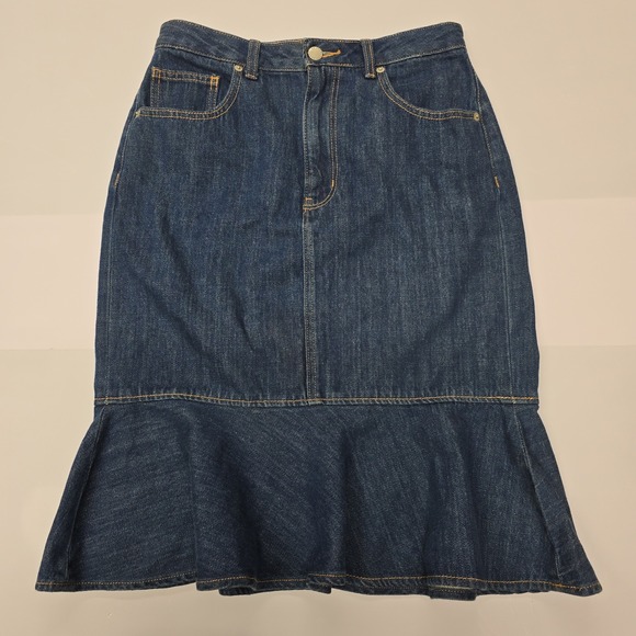 Gu Dresses & Skirts - GU Denim‎ Mermaid Skirt Midi Blue Cotton Frayed Hem Women's Size 7